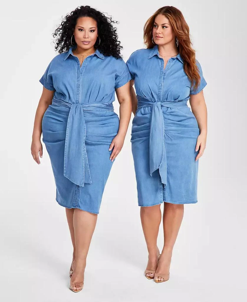 Nina Parker Trendy Plus Size Denim Ruched Tie-Front Dress 6