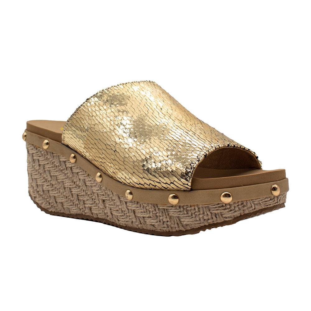 VOLATILE Ravine Metallic Studded Wedge Sandals