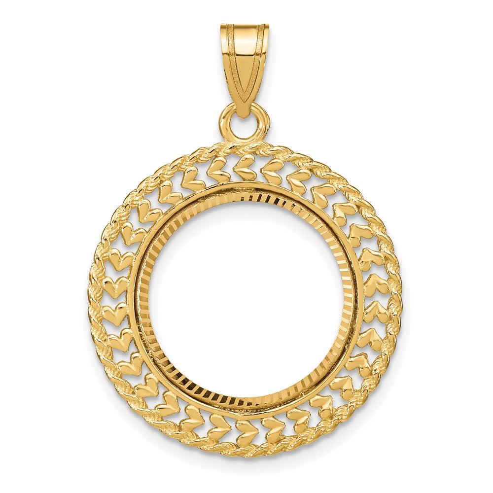 Diamond2Deal 14k Yellow Gold and Diamond-cut Heart and Rope 16.5mm Prong Coin Bezel Pendant
