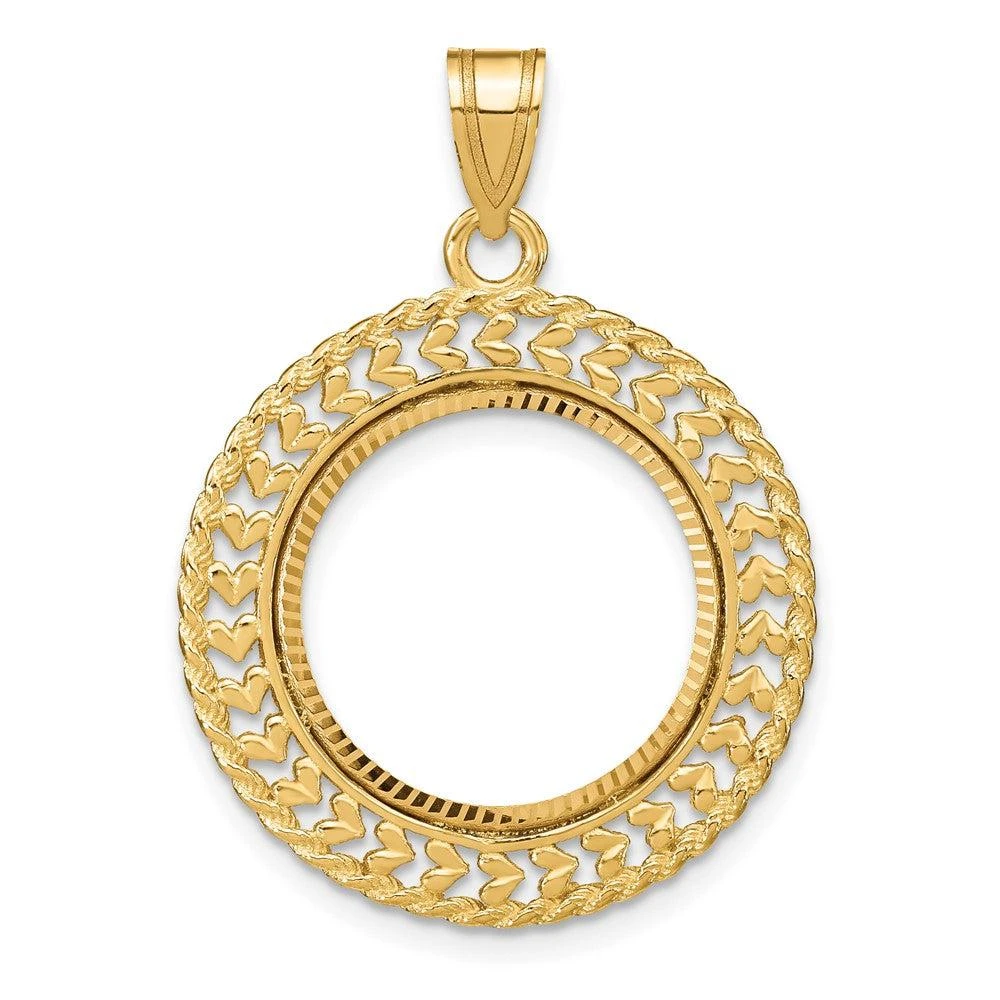 Diamond2Deal 14k Yellow Gold and Diamond-cut Heart and Rope 16.5mm Prong Coin Bezel Pendant 1