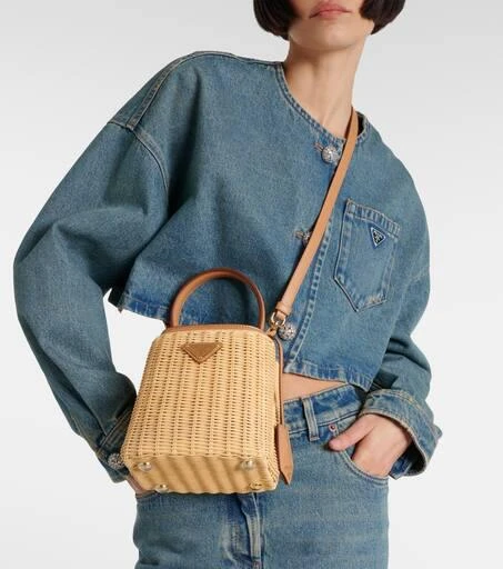 Prada Panier Mini woven leather-trimmed bucket bag 2