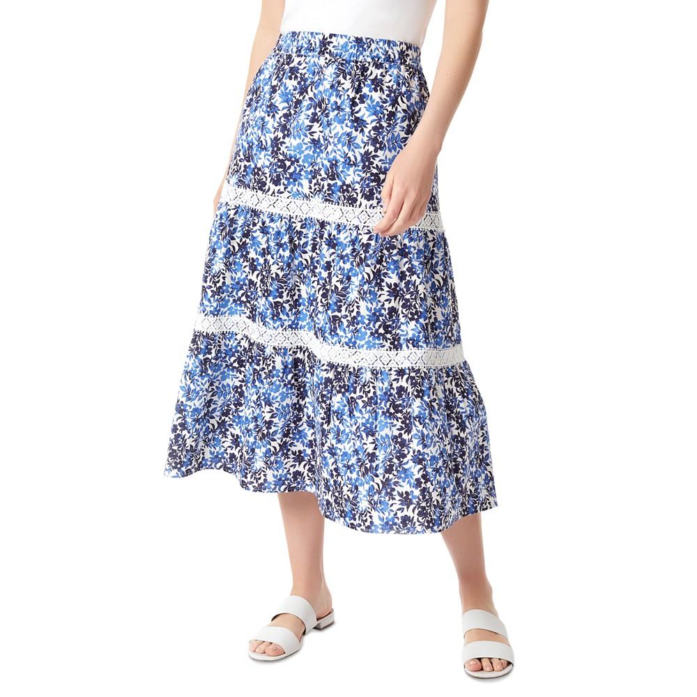 Jones New York Petite Linen-Blend Lace-Trim Tiered Pull-On Midi Skirt