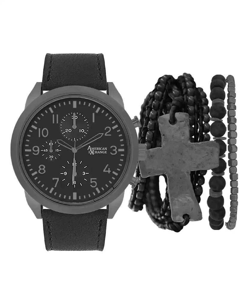 American Exchange Men's Black Leather Strap Analog Watch 51mm with Stackable Bracelets Gift Set 1