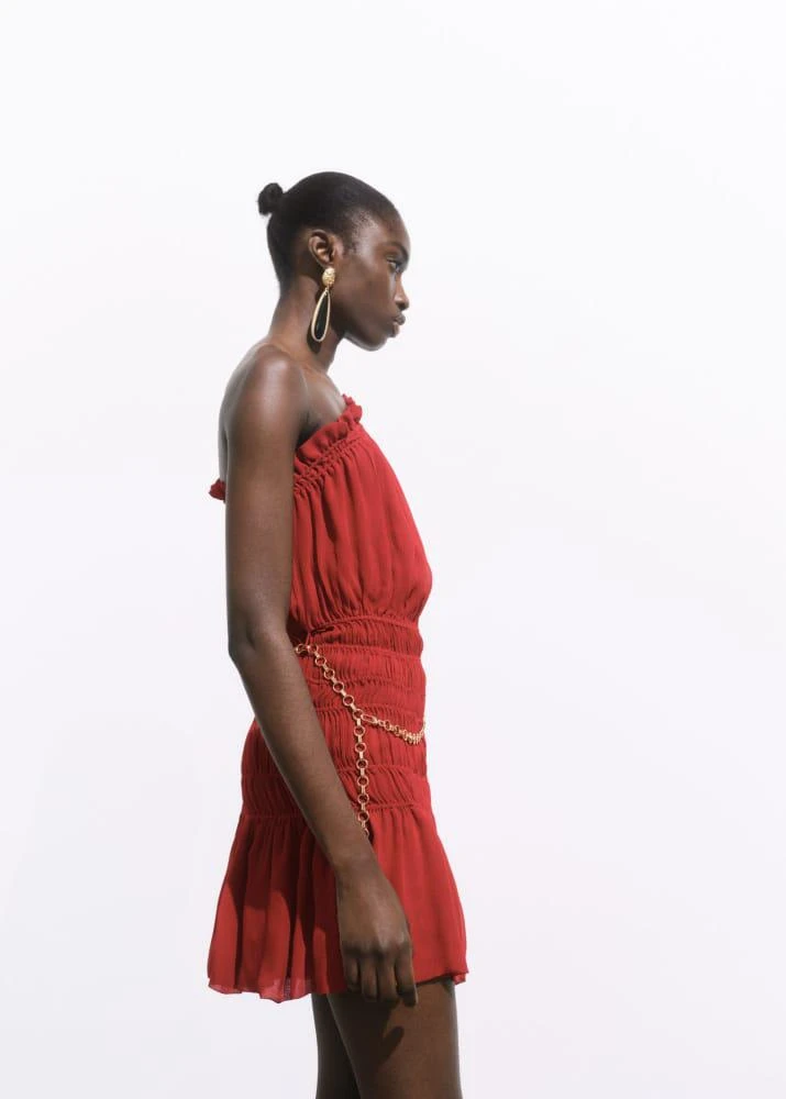 MANGO - Asymmetrical gathered dress with belt Wine - 8 - Woman MANGO - Asymmetrical gathered dress with belt Wine - 8 - Woman