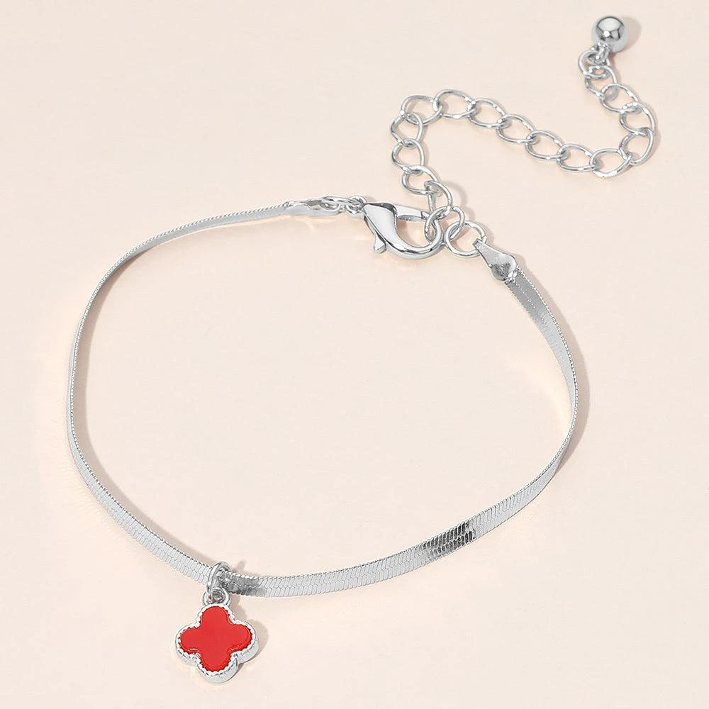 FASHNZFAB Silver Dipped Quatrefoil Charm Herringbone Chain Bracelet