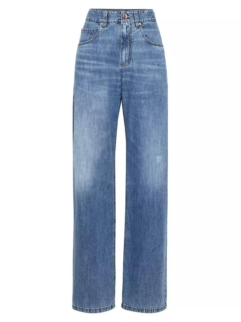 Brunello Cucinelli Lightweight Denim Loose Five Pocket Trousers with Shiny Tab