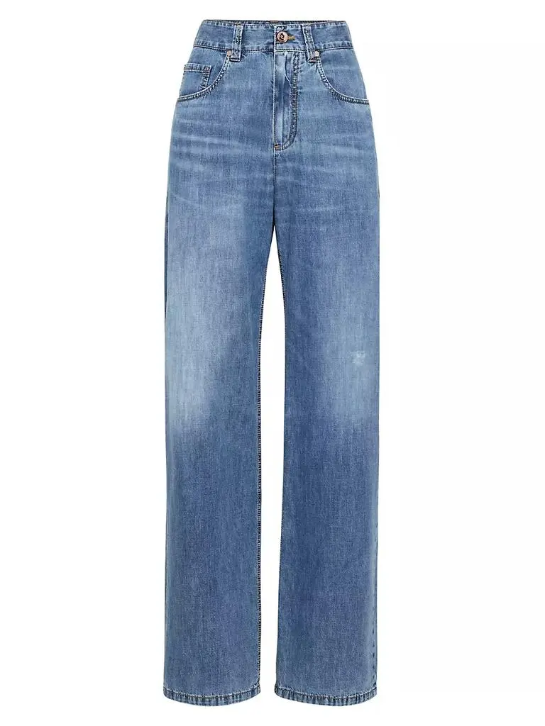 Brunello Cucinelli Lightweight Denim Loose Five Pocket Trousers with Shiny Tab