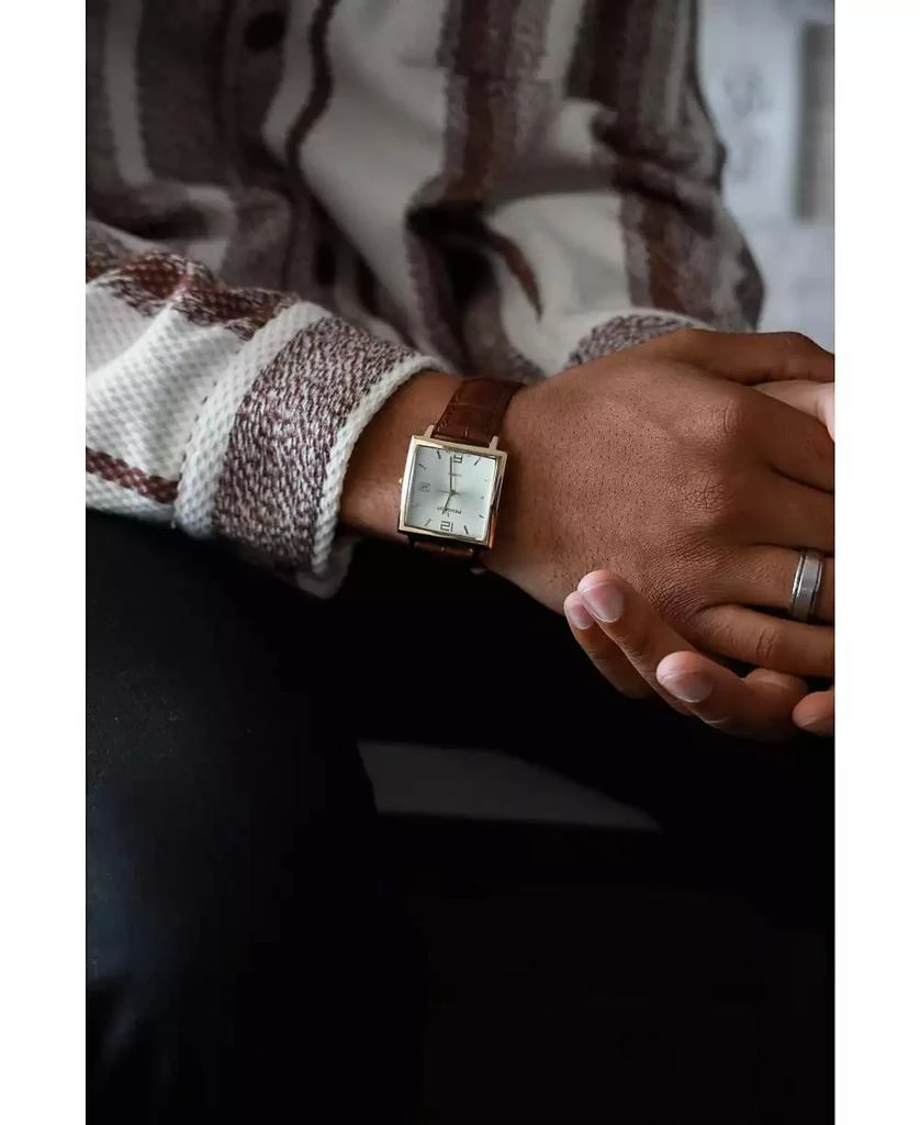 Peugeot Men's 35mm 14K Gold Plated Square Watch with Brown leather Strap 5