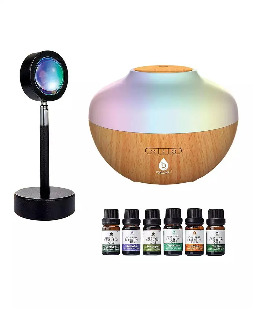 PURSONIC Sunset Projector Table Lamp with Essential Oil Aroma Diffuser & 6-Pack of 100% Pure Aromatherapy Oils