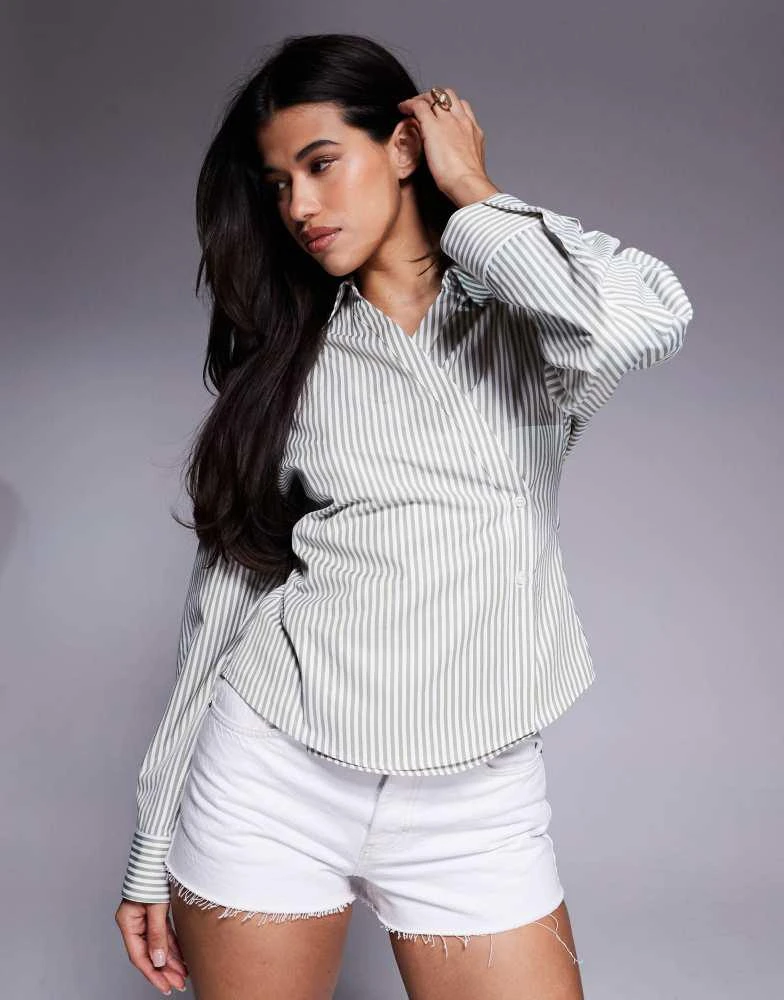 Shop ASOS DESIGN wrap shirt with cocoon sleeve in green stripe on