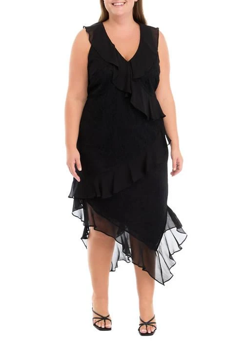 Tommy Hilfiger Hilfiger Plus Size Sleeveless V Neck Lace Chiffon High Low Midi Dress 1