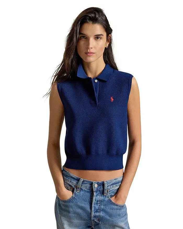 Ralph Lauren Cotton Cropped Sleeveless Polo Sweater