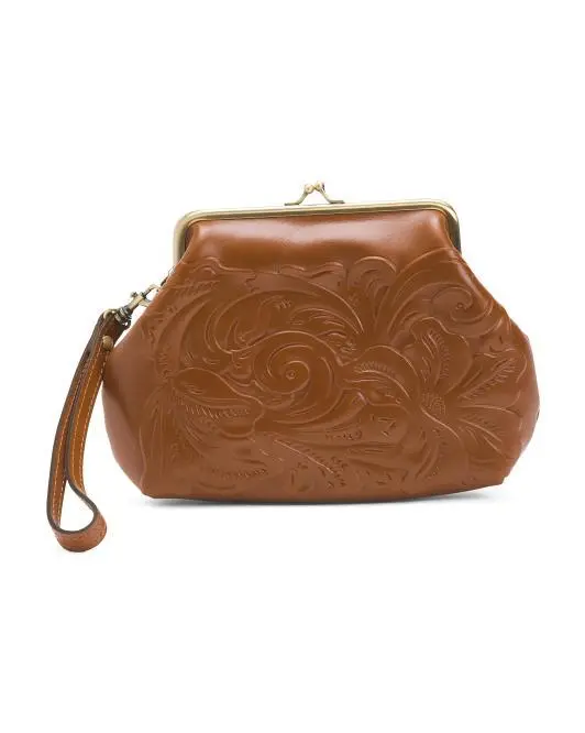 Patricia Nash Leather Savena Framed Kiss Lock Wristlet Pouch In Gift Box
