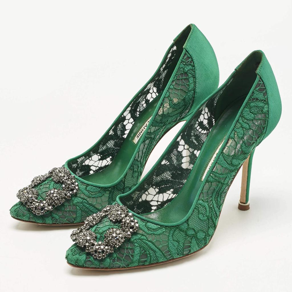 Manolo Blahnik Manolo Blahnik Green Lace and Mesh Hangisi Pumps Size 37.5