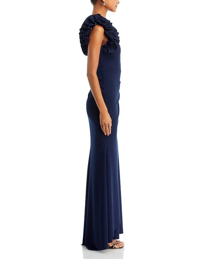 AQUA One Shoulder Ruffle Crepe Gown - Exclusive 5