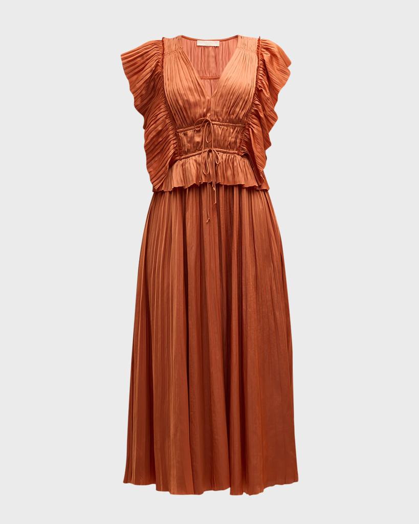 Ulla Johnson Letty Pleated Ruffle Satin Midi Dress