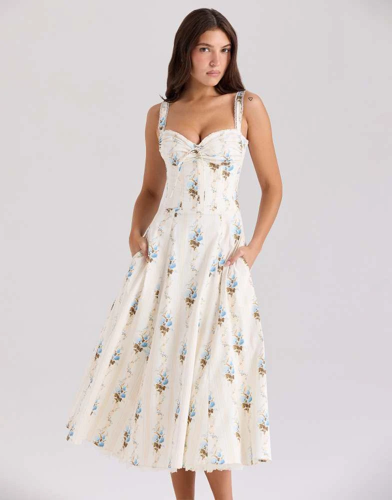 House of CB House of CB Rosalee cotton corset midi dress in cream floral print