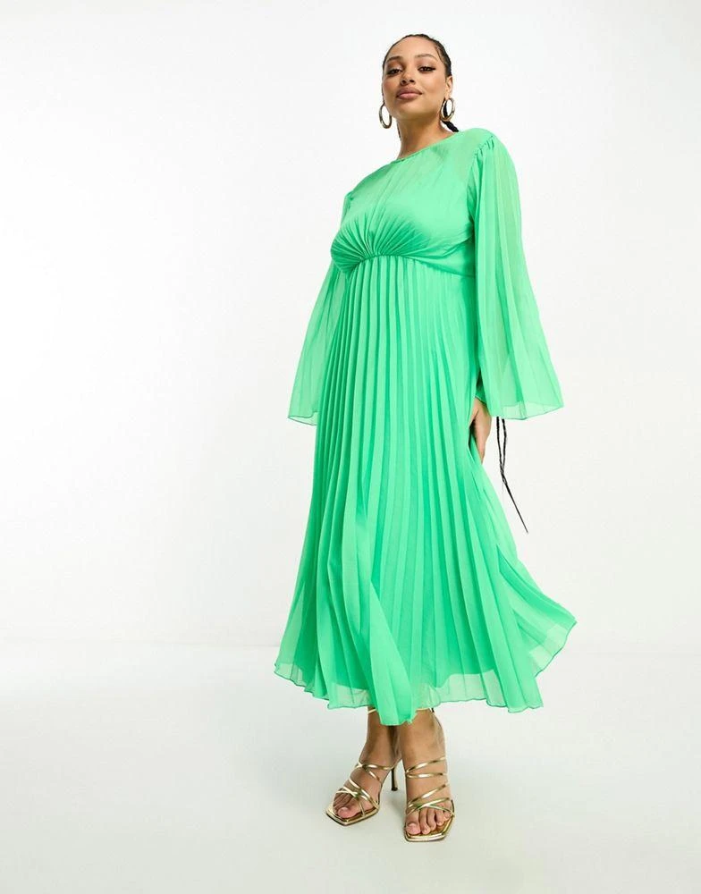 ASOS Curve ASOS DESIGN Curve tie back fluted sleeve pleated midi dress in green 1