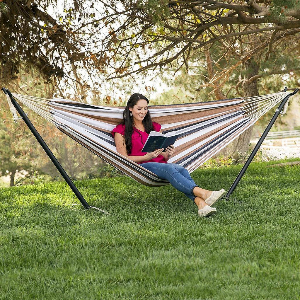 QuikFurn Portable Cotton Hammock in Desert Stripe with Metal Stand and Carry Case