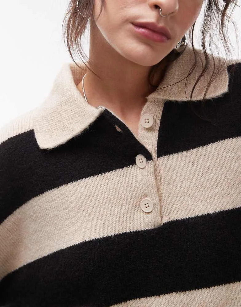 Topshop Topshop knitted polo top in black oatmeal 3