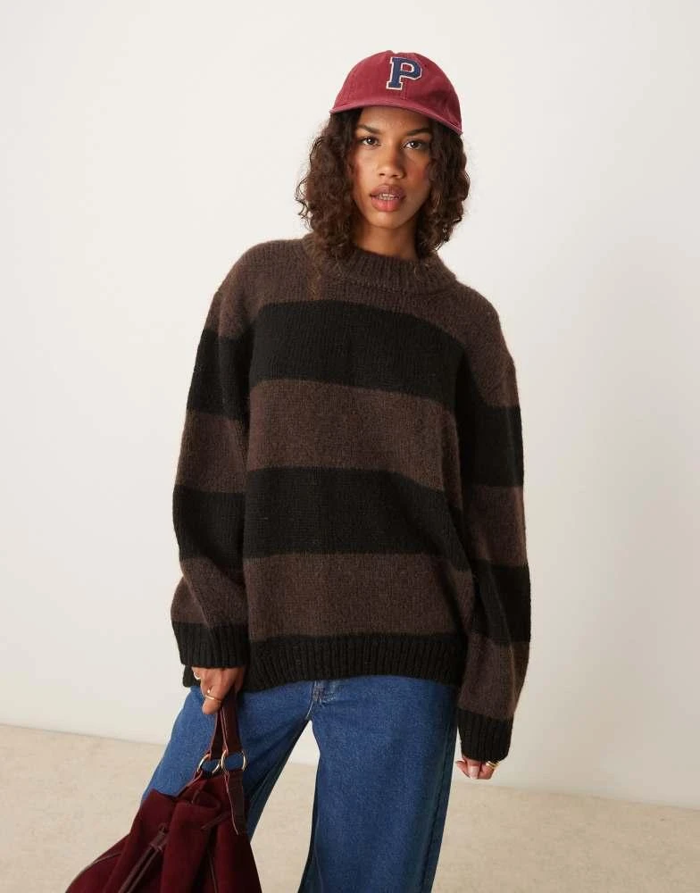 ASOS ASOS DESIGN oversized crew neck jumper in brown stripe 1