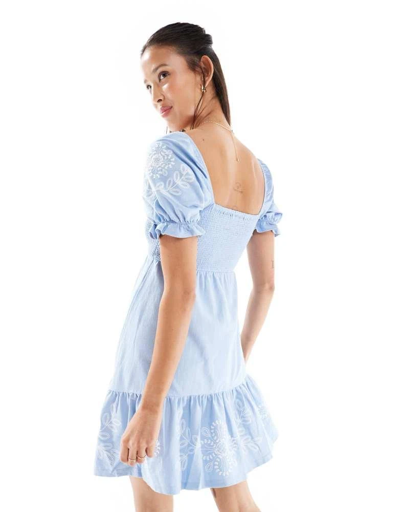 Miss Selfridge embroidered puff sleeve mini dress in blue with White embroidery
