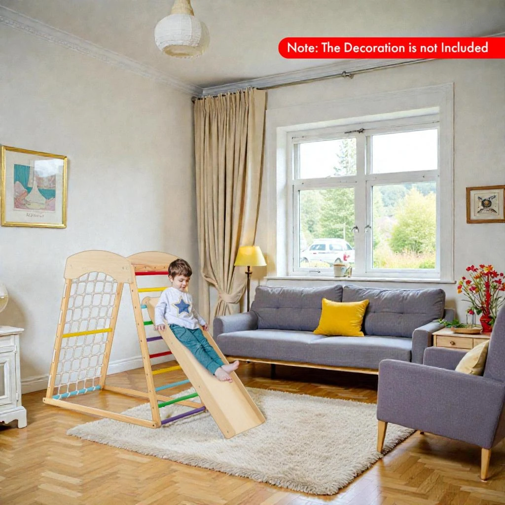 Hivvago 6-in-1 Wooden Indoor Jungle Gym with Double Ramp and Monkey Bars 2