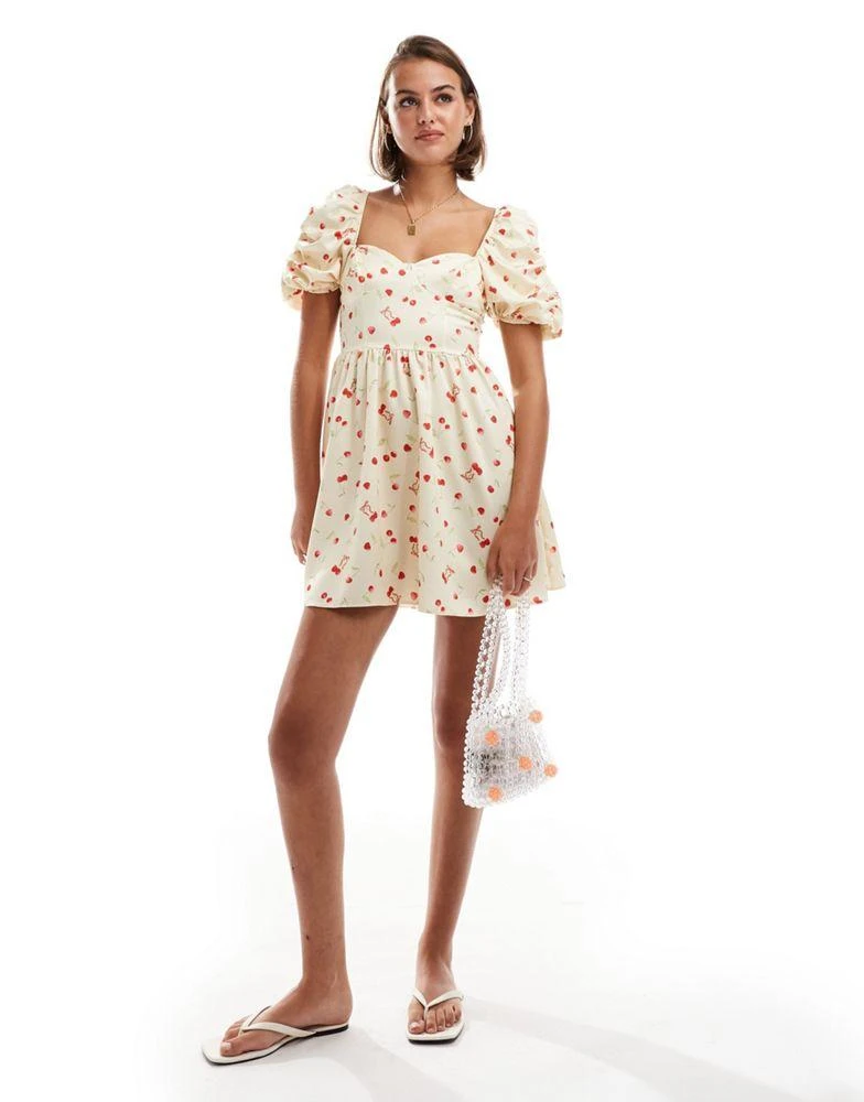 Miss Selfridge Miss Selfridge satin corset puff sleeve mini dress in cherry print 1