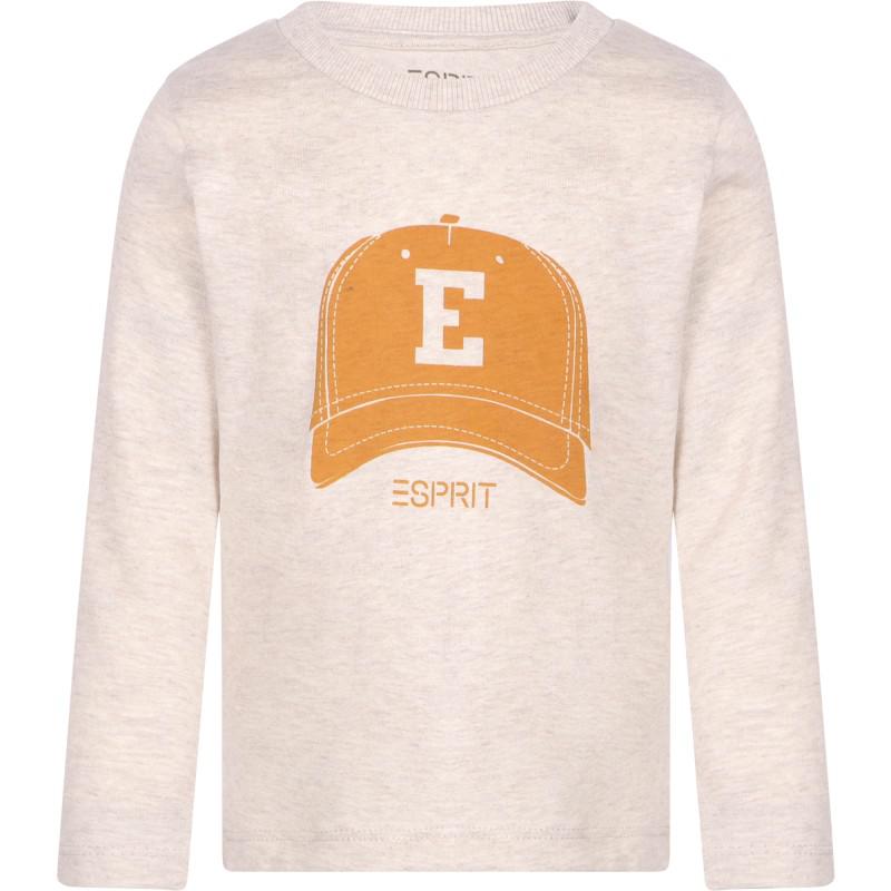 Esprit Cap print long sleeved logo t shirt in melange beige