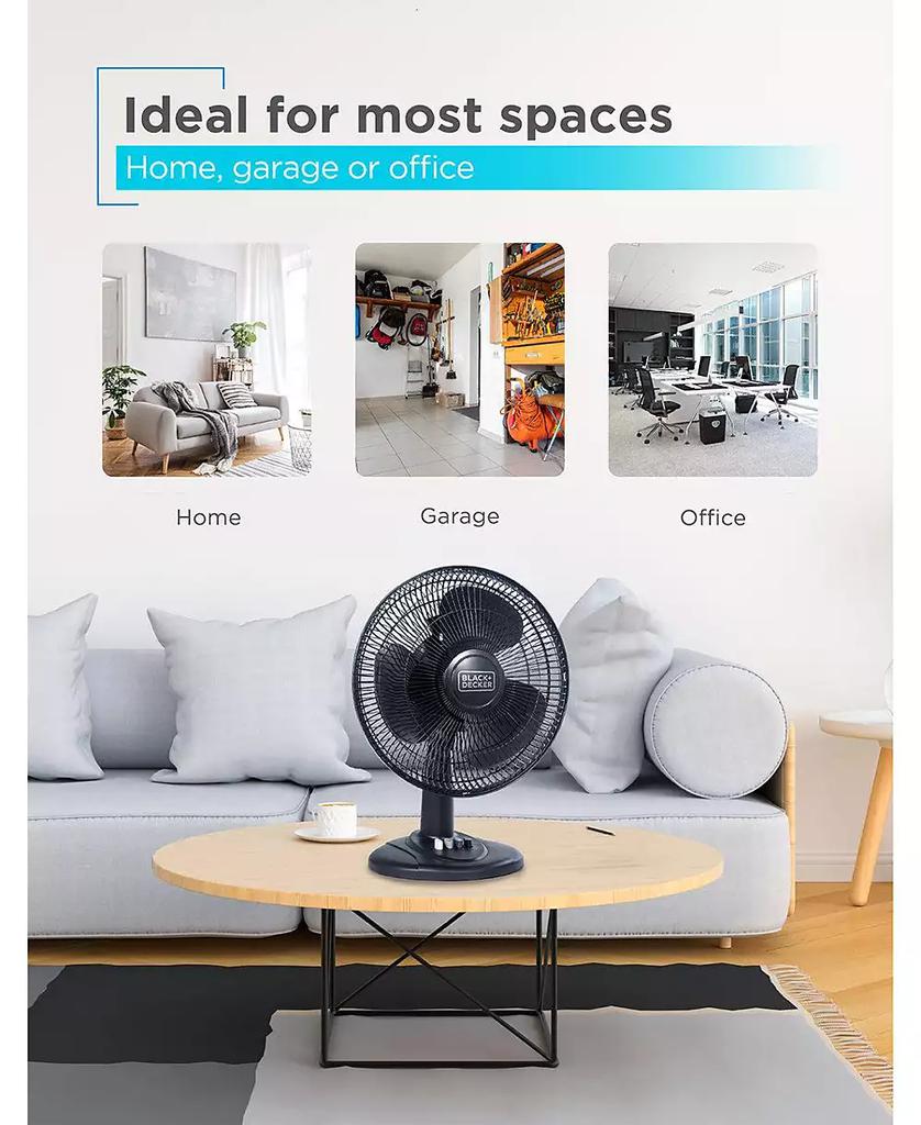 Black & Decker BLACK+DECKER Desk Fan for Home and Office, 12” Fan with 3 Speed Settings, Oscillating Portable Fan, Black