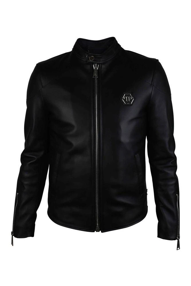 Philipp Plein Smooth Black Leather Biker Jacket