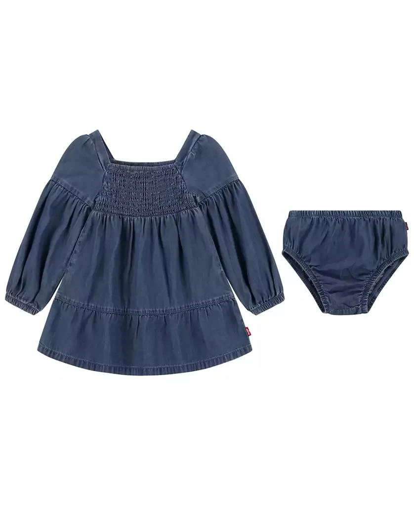 Levi's Baby Girls Long Sleeve Smocked Bodice Dress with Diaper Cover, 2-Piece Set 1
