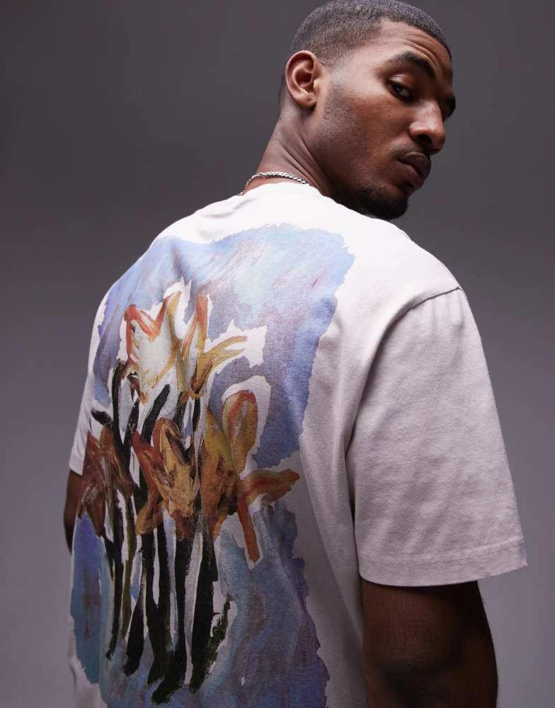 Topman Topman oversized fit t-shirt with front and back daffodils print in stone 3