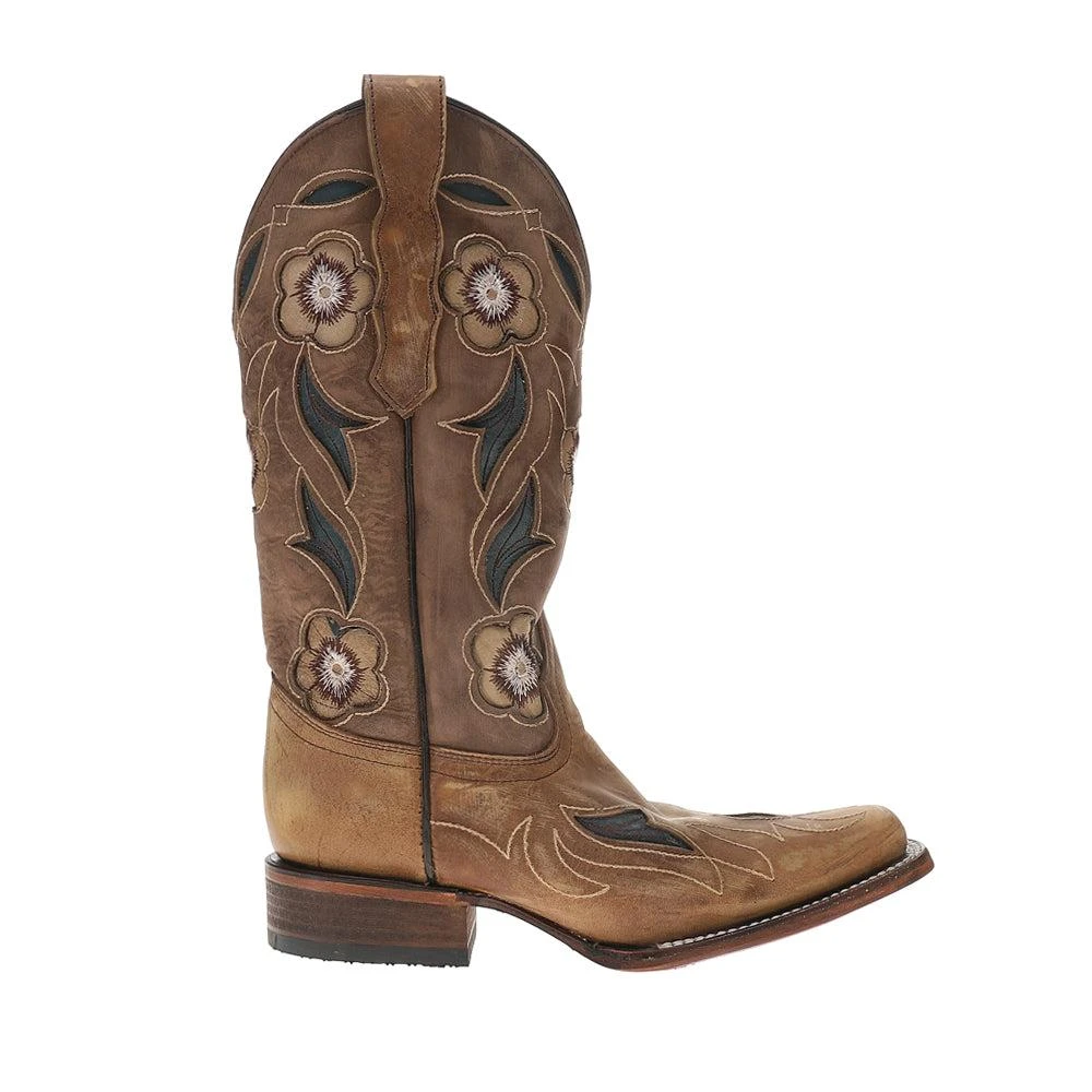 Circle G by Corral Sand Flower Inlay Embroidered Square Toe Pull On Cowboy Boots