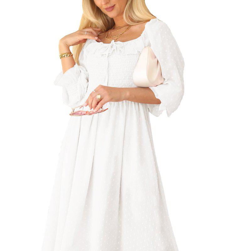 Anna-Kaci Anna-Kaci Long Sleeve Swiss Dot Lined Maxi Dress For Women Smocked Tied Detail Square Neck