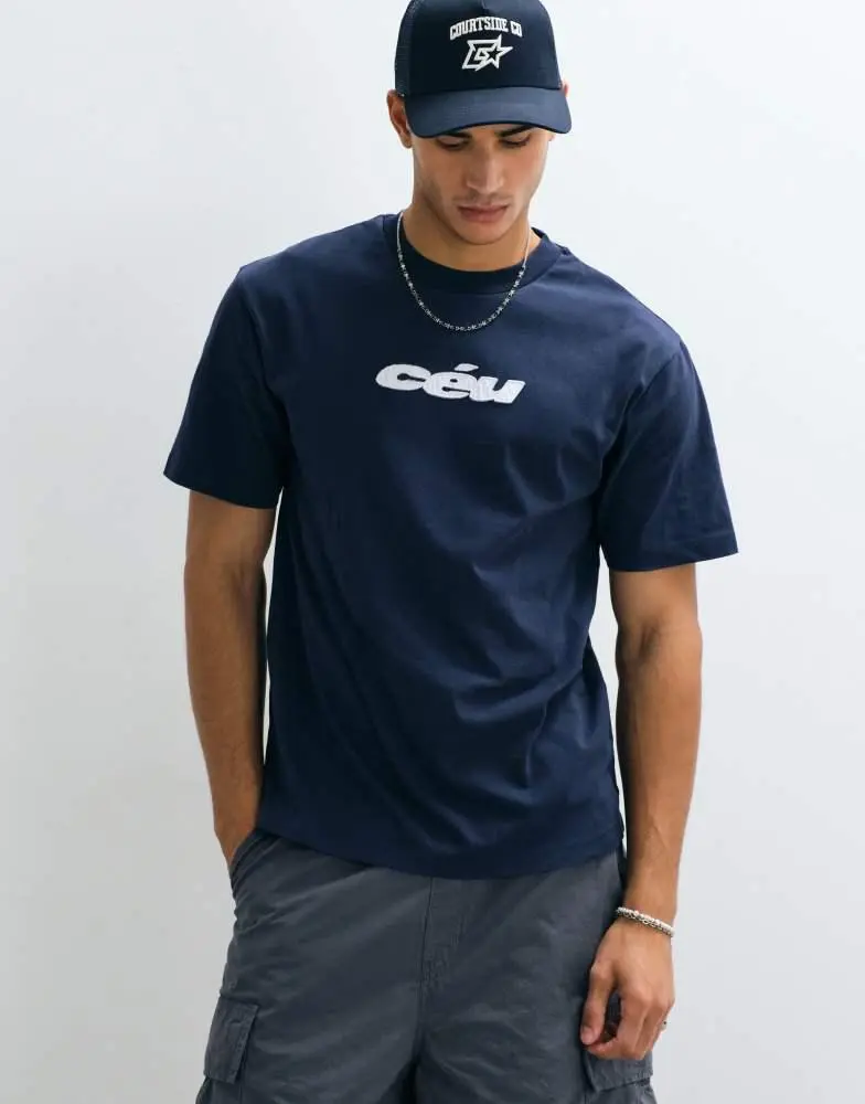 ASOS ASOS DESIGN relaxed t-shirt with text applique in navy