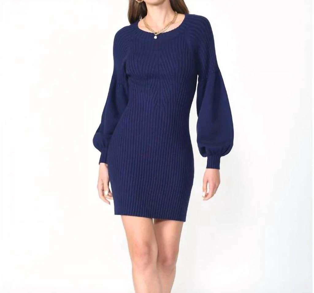 adelyn rae Mellie Ribbed Puff Sleeve Sweater Dress In Marine Blue 1