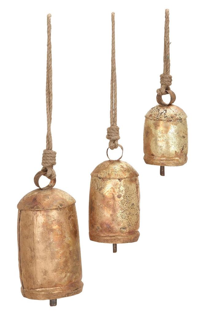 UMA Goldtone Metal Meditation Decorative Cow Bell with Jute Hanging Rope - Set of 3