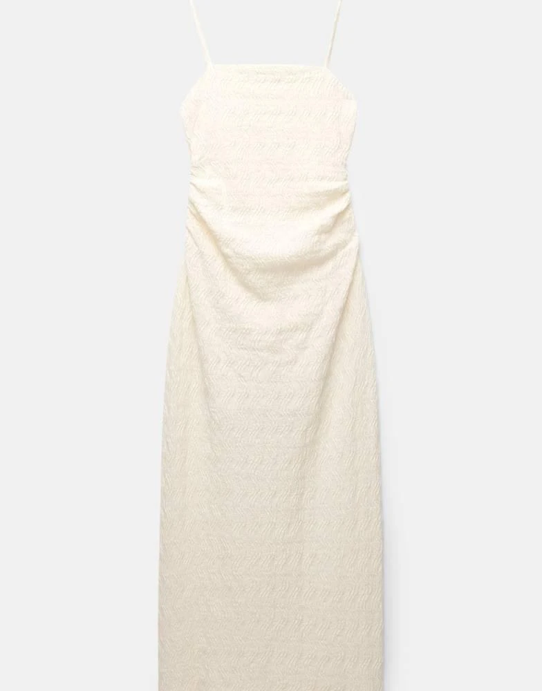 Pull&Bear Pull&Bear strappy gathered midi dress in ecru 3