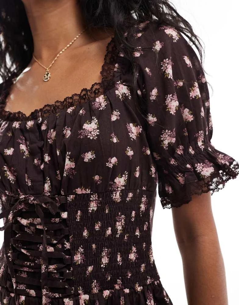 Miss Selfridge Miss Selfridge mini tiered corset dress in brown ditsy 3