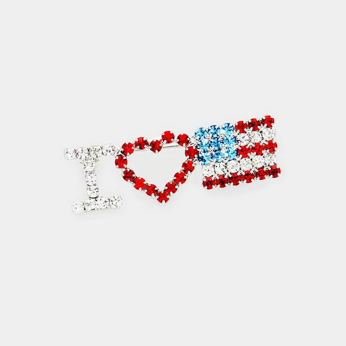 FASHNZFAB "I Love USA" Rhinestone Pave USA Flag Pin Brooch