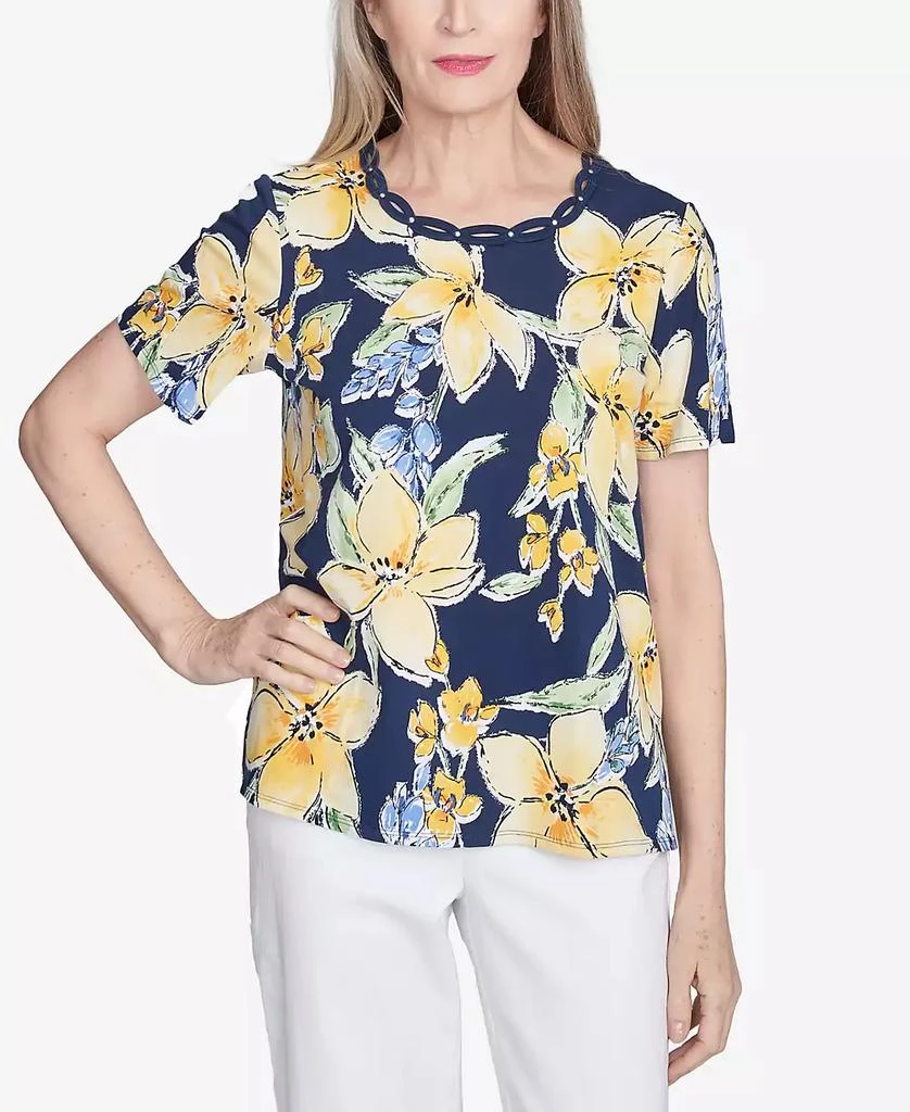 Alfred Dunner Petite  Navy Floral Braided Crew Neck Top 1