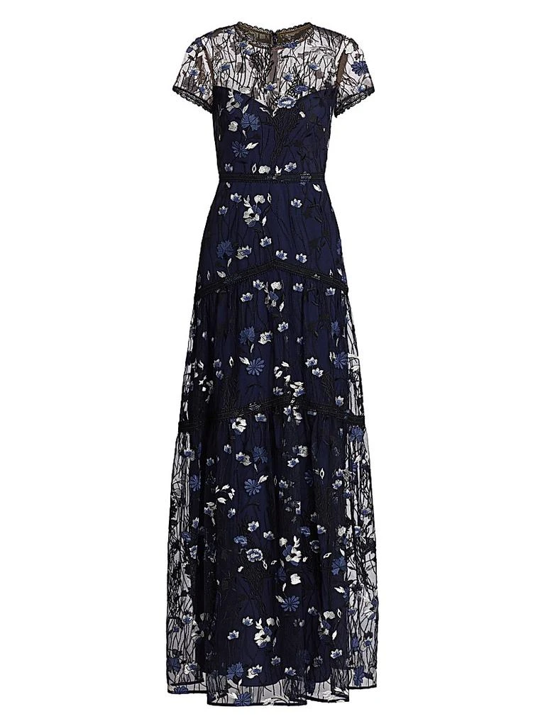 ml Monique Lhuillier Women's Floral Embroidered Mesh Gown - Navy Multi - Size 6