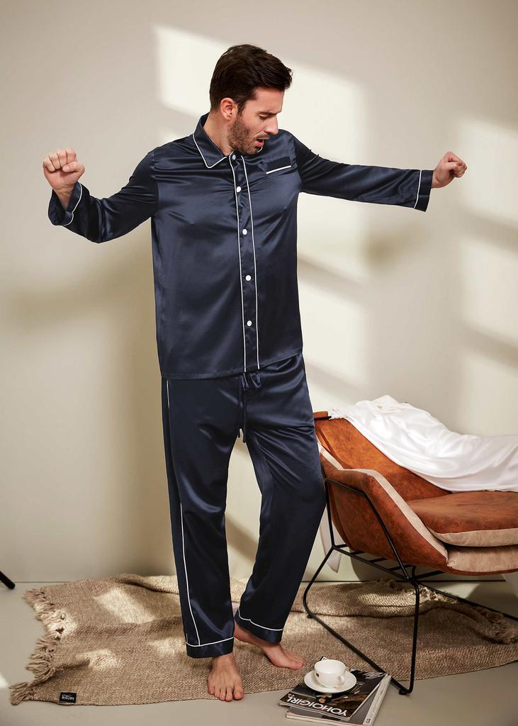 LILYSILK Men's 22 Momme Unique Silk Pajamas Set with Double Row Pipping