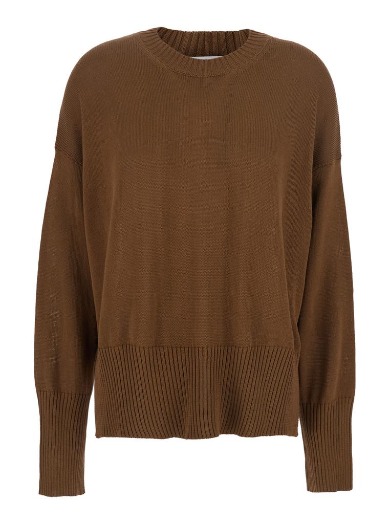 MAURO GRIFONI Brown Crewneck Sweater With Ribbed Trims In Cotton Woman