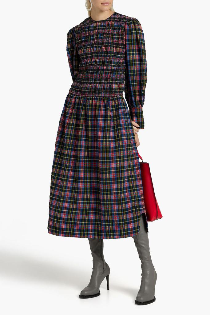 Ganni Shirred checked cotton-blend seersucker midi dress