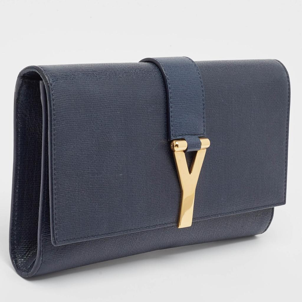 Saint Laurent Yves Saint Laurent Navy Blue Leather Y-Ligne Clutch