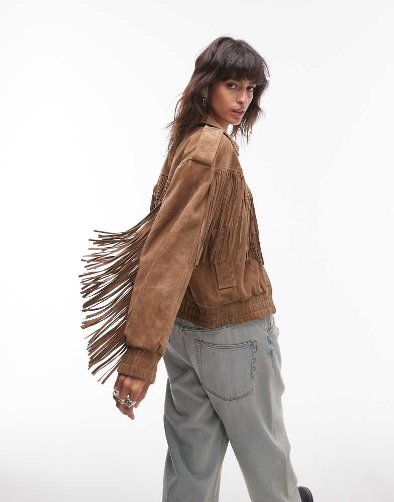 Topshop Topshop Premium real suede fringe jacket in sand