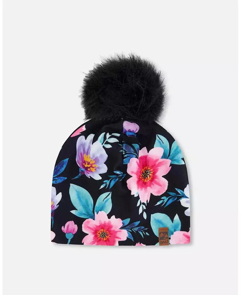 Deux par Deux Girl Stretch Jersey Hat Black Printed Flowers with Pompom - Toddler|Child 2