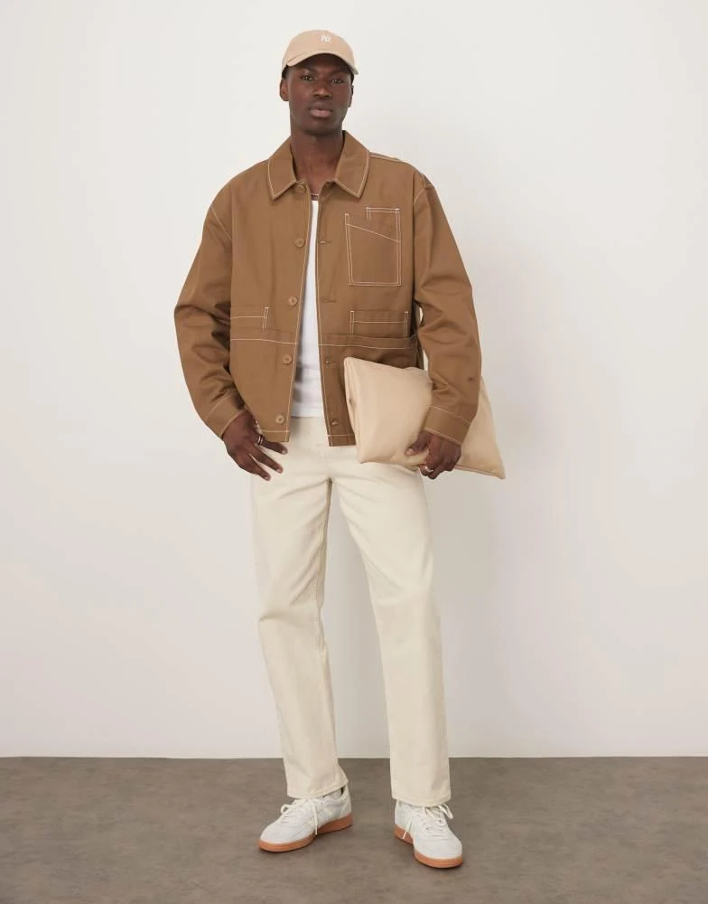 ASOS ASOS DESIGN boxy oversized worker jacket with contrast stitch in tan 4